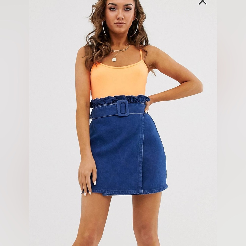 High waisted denim skirt with paper bag waist